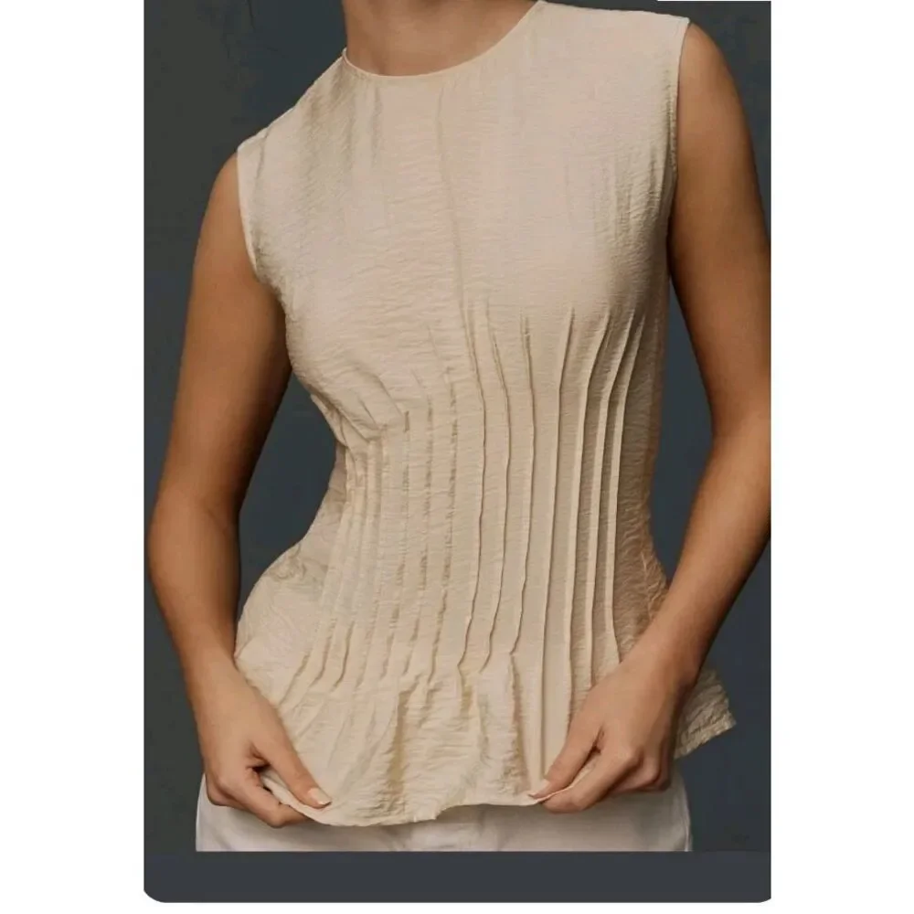 Anthropologie The Della Pleated Waist Shell Top Small Beige Coquette Summer NWT - Picture 3 of 9